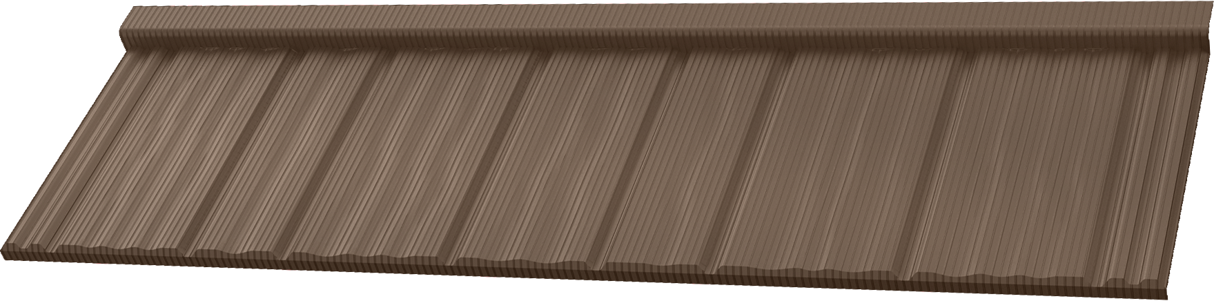 Brown ribbed metal roofing panel with a matte wood texture finish.