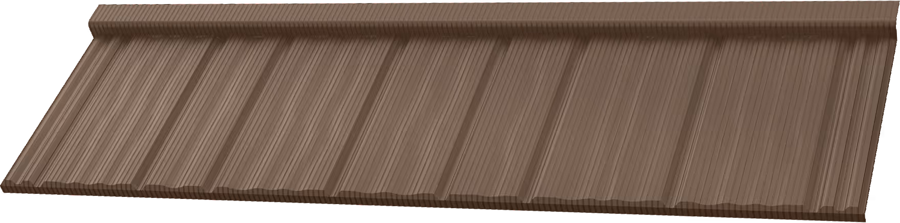 Brown ribbed metal roofing panel with a matte wood texture finish.
