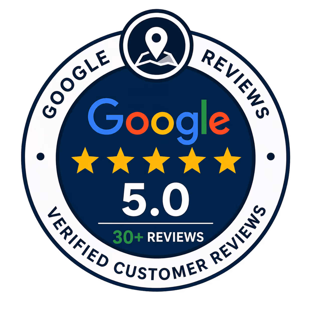 Google Reviews badge showing a 5.0-star rating from 30+ verified customer reviews.