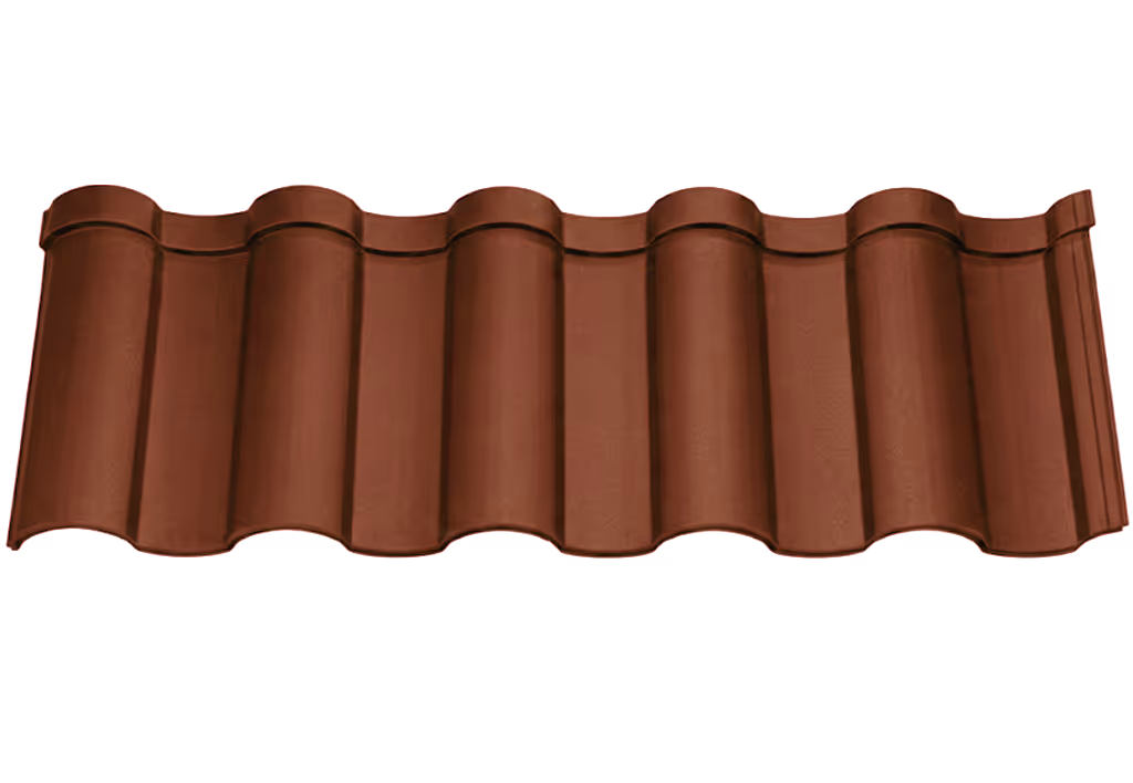 Brown roofing tile panel with six rounded, wave-like vertical ridges.