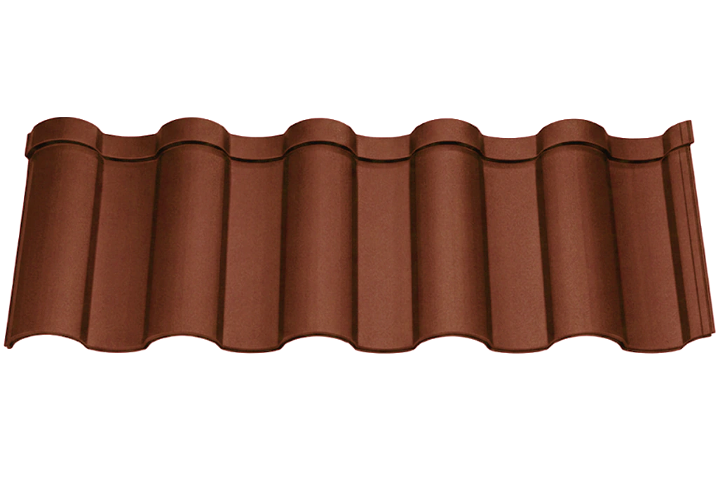 Brown roofing tile panel with six rounded, wave-like vertical ridges.