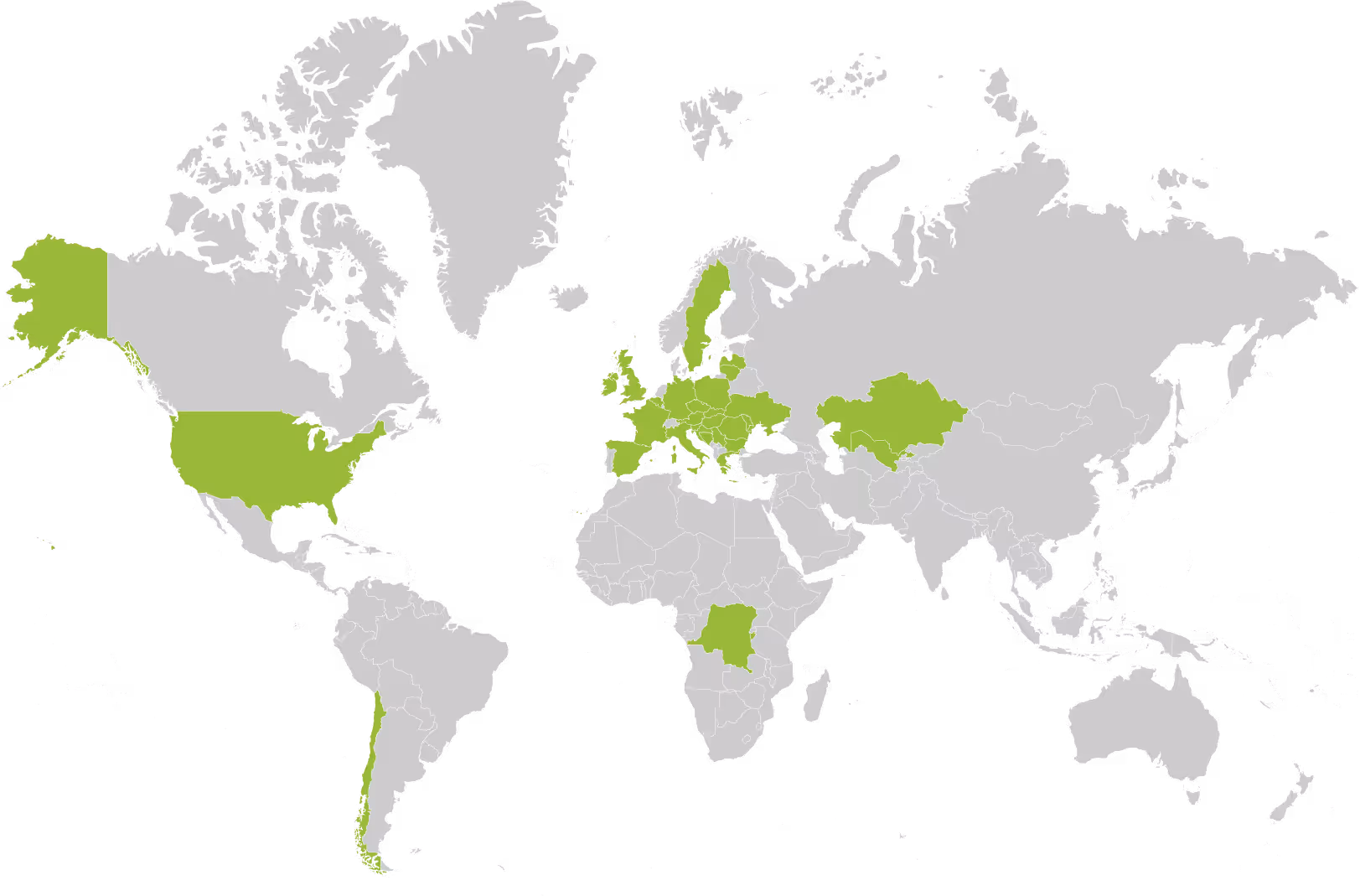 World map with select countries in North America, Europe, Africa, and South America highlighted in green.