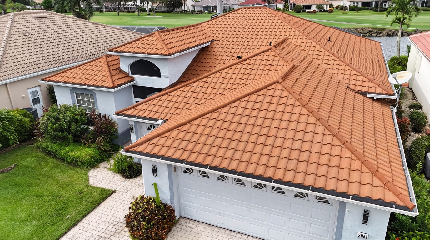 White house with terracotta tile roof, white garage door, green lawn, and landscaping.