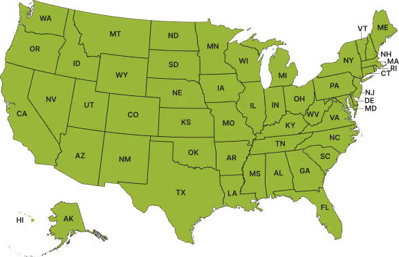 Map of the United States showing all states labeled with their two-letter postal abbreviations.