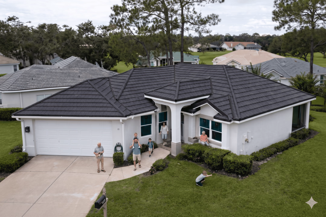 A family of seven outside a modern single-story house with a black roof and green lawn.
