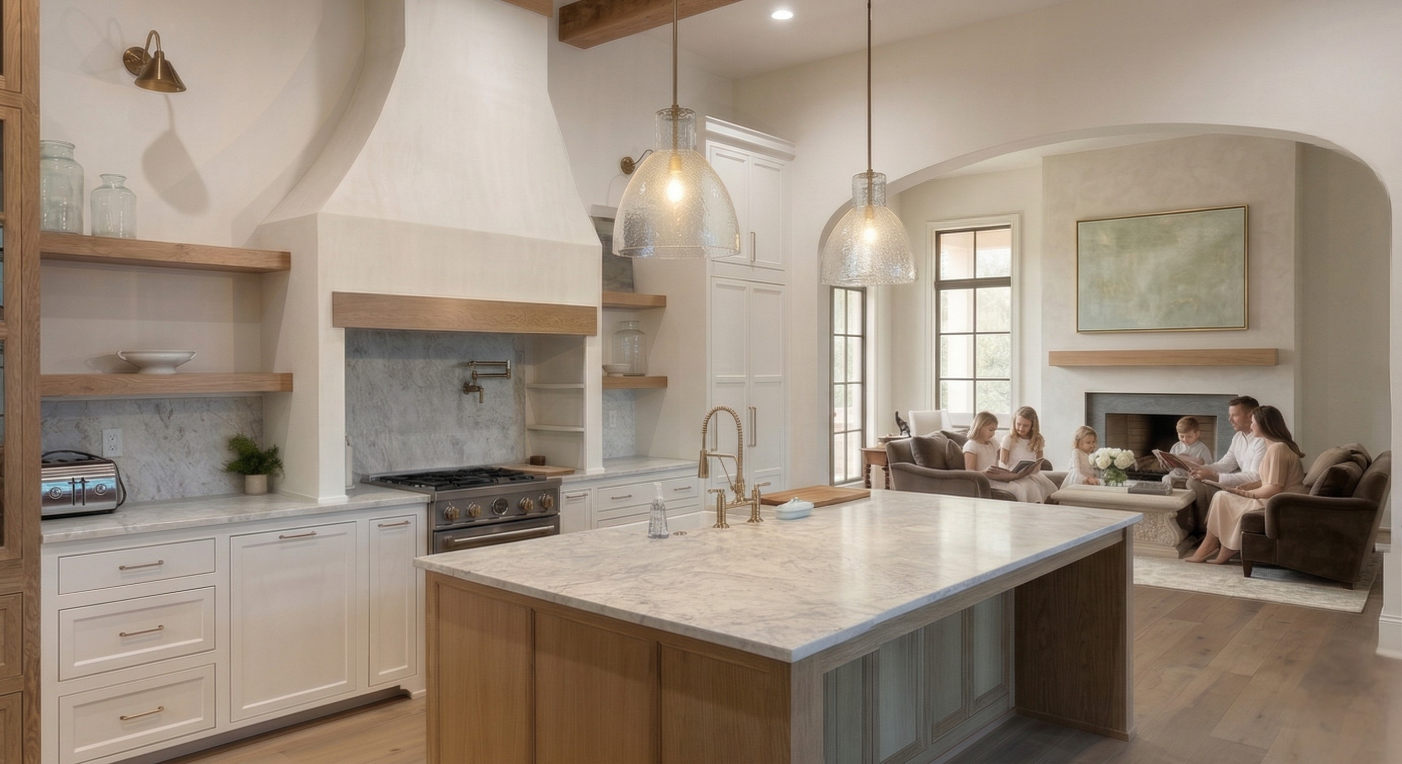 Bright modern kitchen with marble island and gold fixtures, adjacent to a cozy living room where a family is seated on sofas reading.