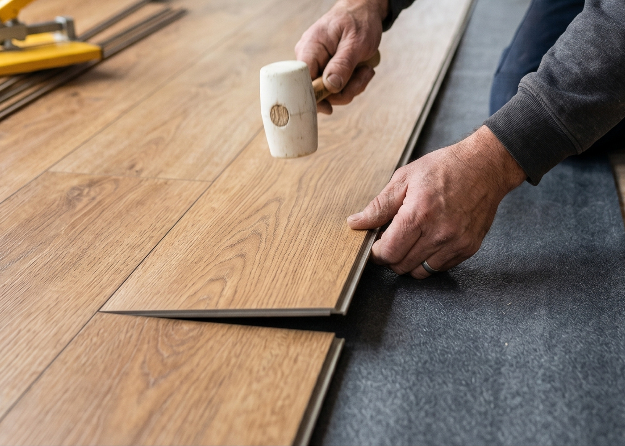 Installing wooden flooring inside a room with tools spread around.