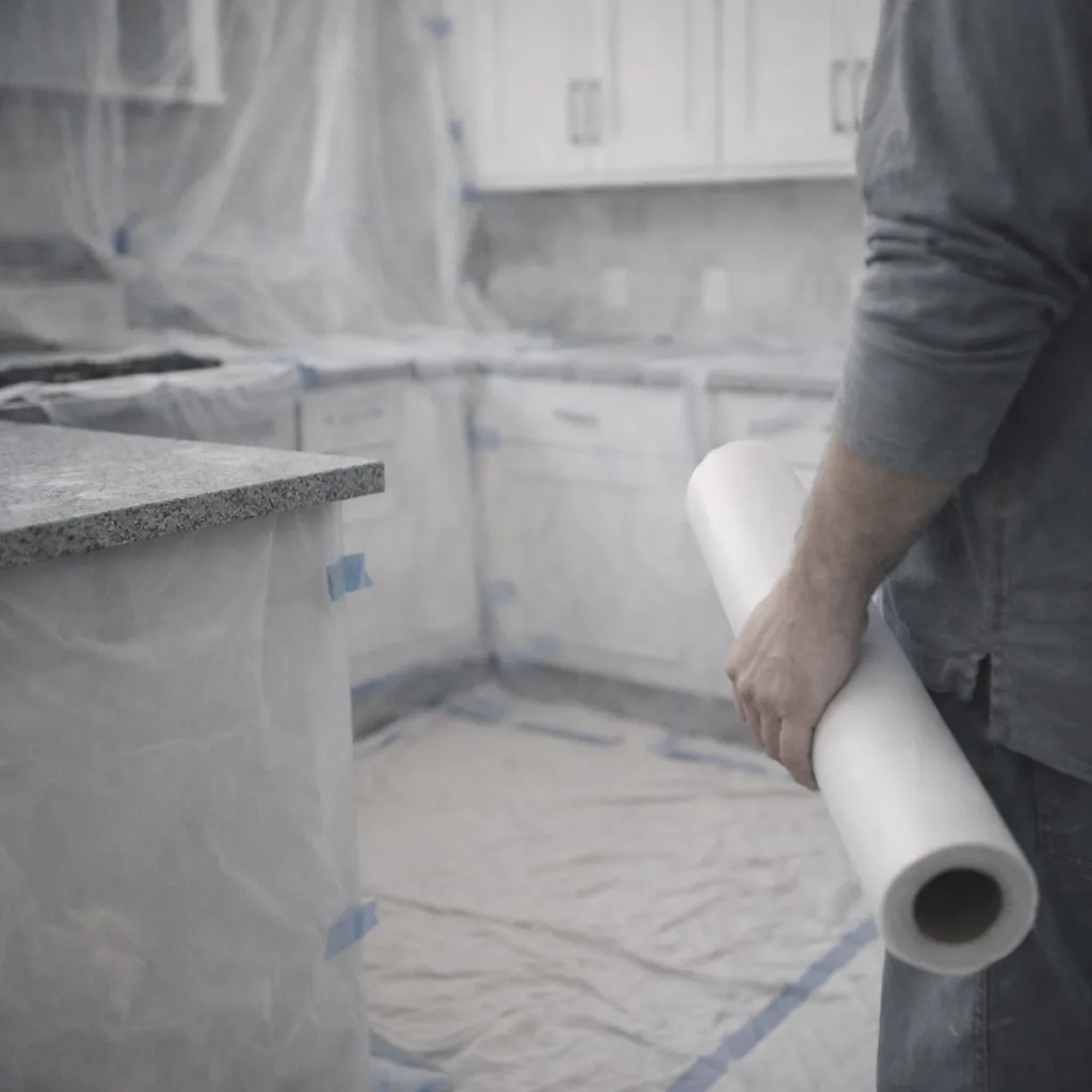 Person holding a rolled protective sheet in a kitchen covered with plastic for renovation or painting.