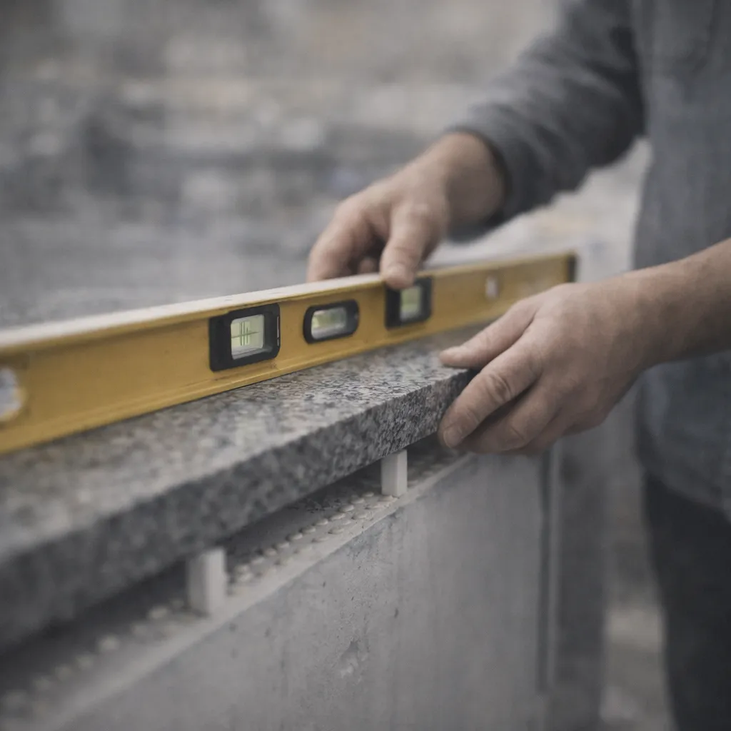 Hands holding a yellow spirit level to check the evenness of a granite countertop on a concrete base.