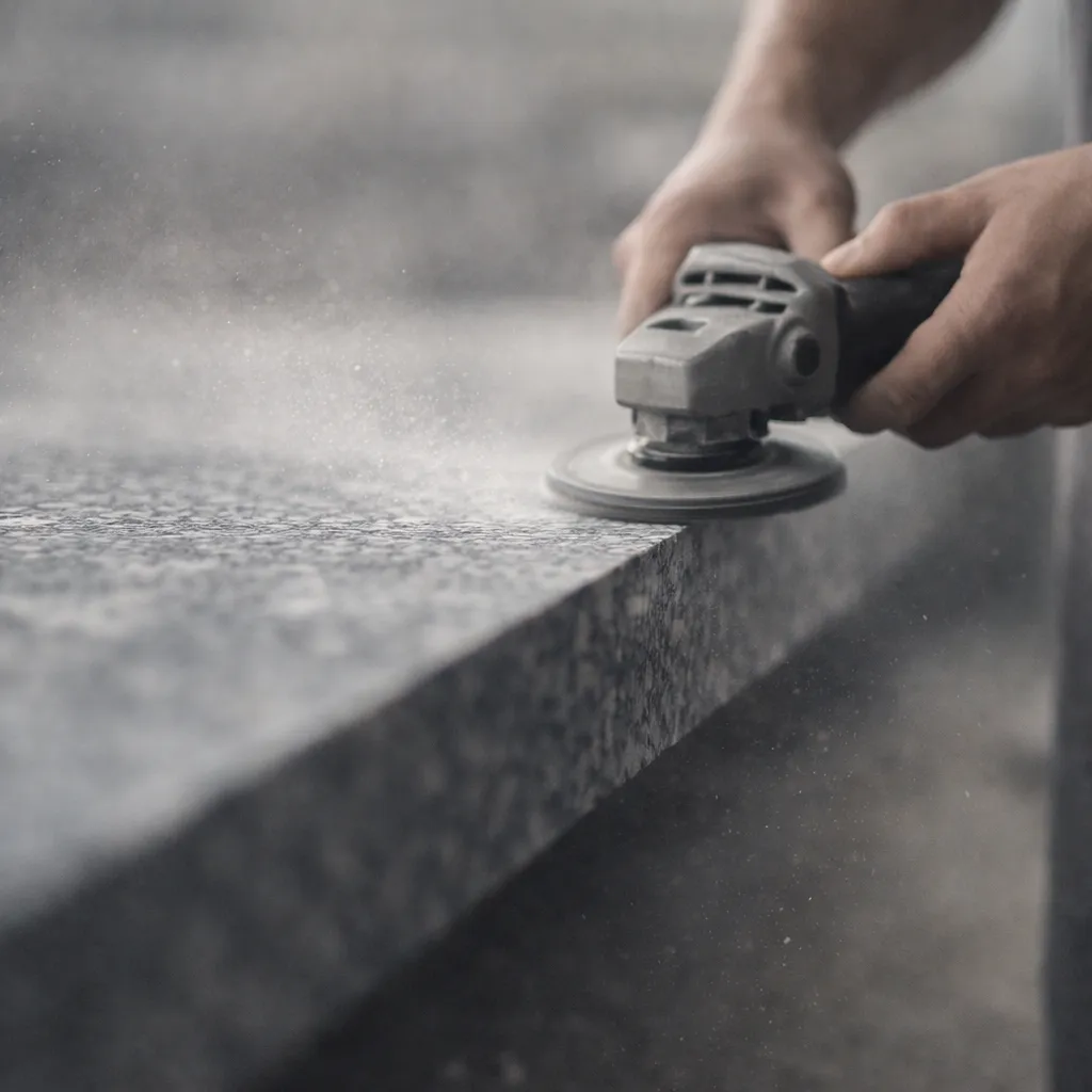 Close-up of hands using an angle grinder to polish the edge of a granite surface with dust particles in the air.