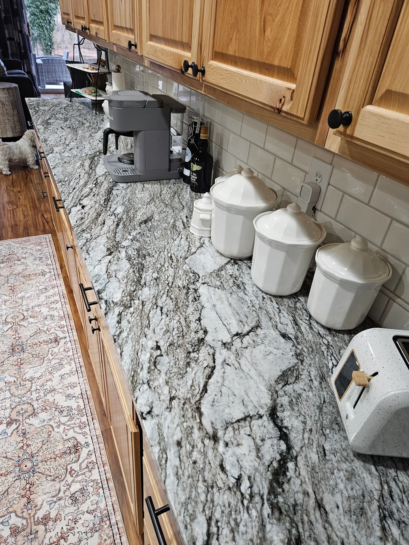 Gray and white marble countertop.