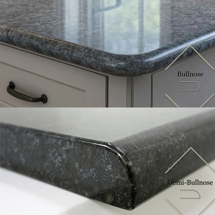 Comparison of two countertop edge styles: Bullnose with a rounded smooth edge on top and Demi-Bullnose with a slightly less rounded edge below.
