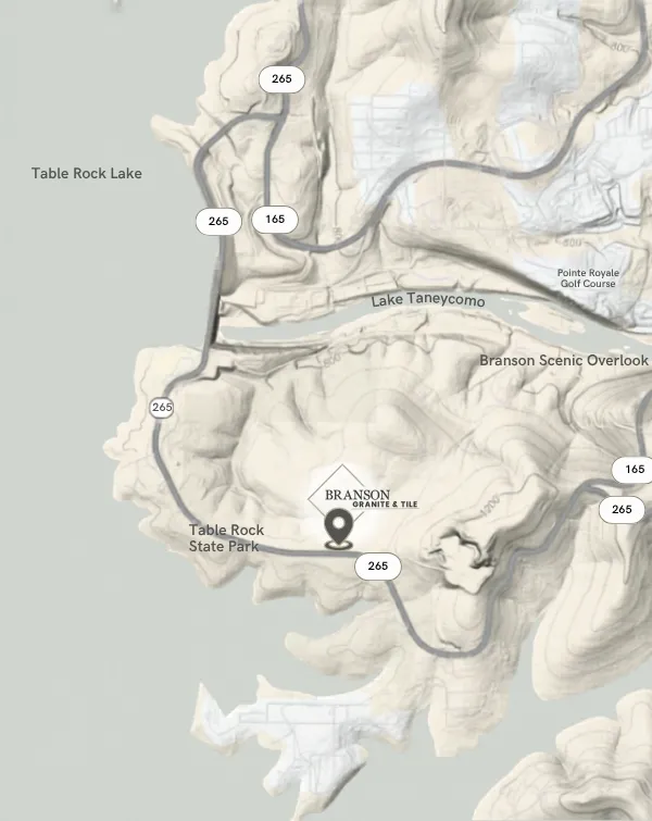 Map showing Table Rock Lake and Table Rock State Park with roads 165 and 265, Lake Taneycomo, Branson Scenic Overlook, and Pointe Royale Golf Course.