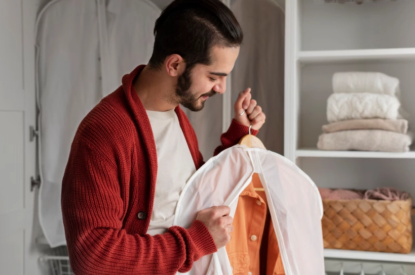 A man in a red cardigan smiles while looking at a shirt protected by a garment bag. Behind him, neatly folded clothes are seen on shelves, conveying tidiness.