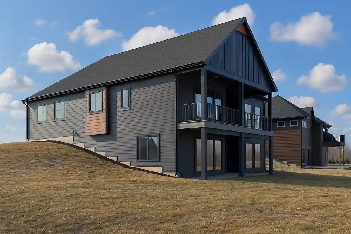 Rear exterior of the two-story home with a covered upper balcony and walkout lower level.