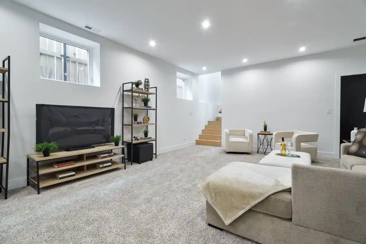 Basement lounge area with a media console, ladder shelving, and a staircase leading back up to the main floor.