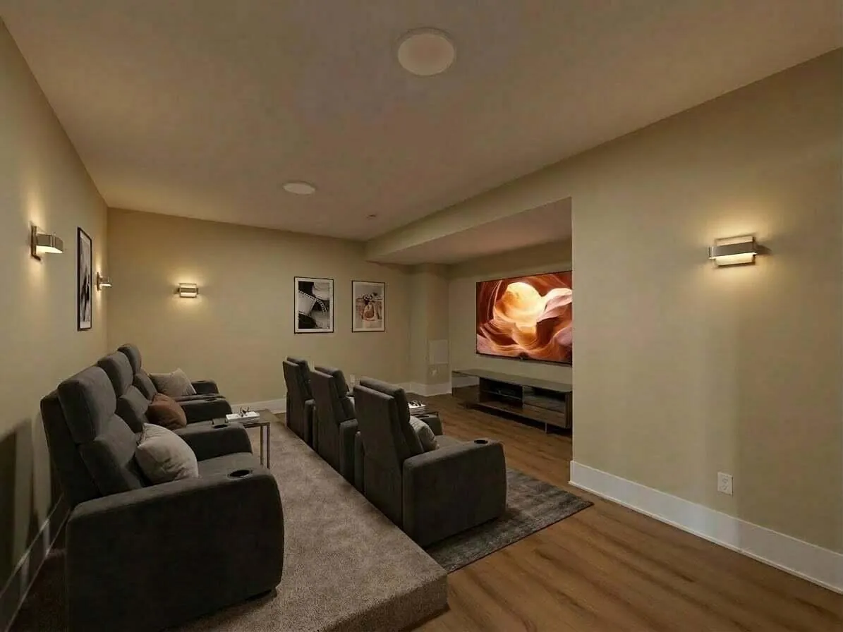 Home theater with tiered reclining seats, sconce lighting, and a large wall-mounted screen.