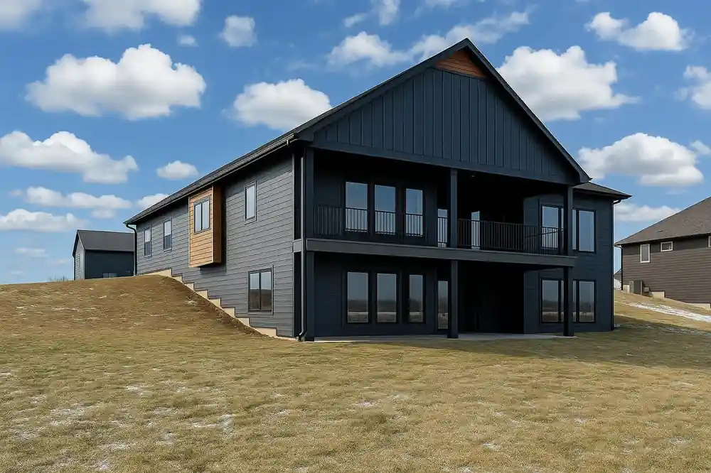 Close-up rear exterior showing the home's dark siding, covered balcony, and walkout level.