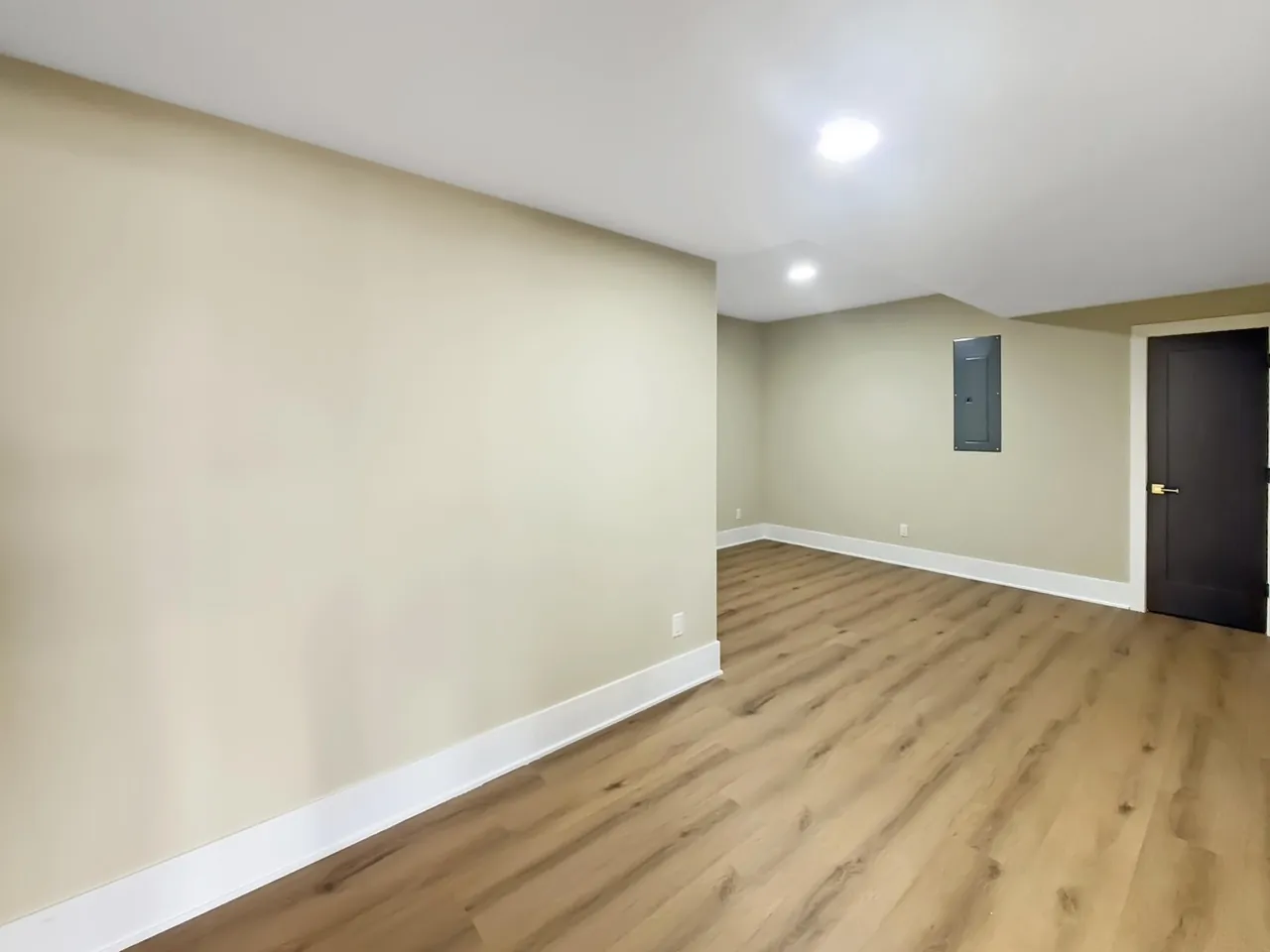 Unfinished basement storage room with wide-plank flooring and an exposed electrical panel.