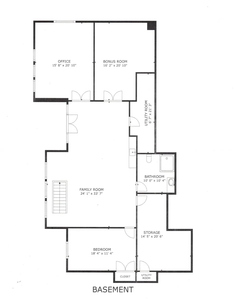 Floor plan diagram of the finished basement, showing the office, bonus room, and family room.
