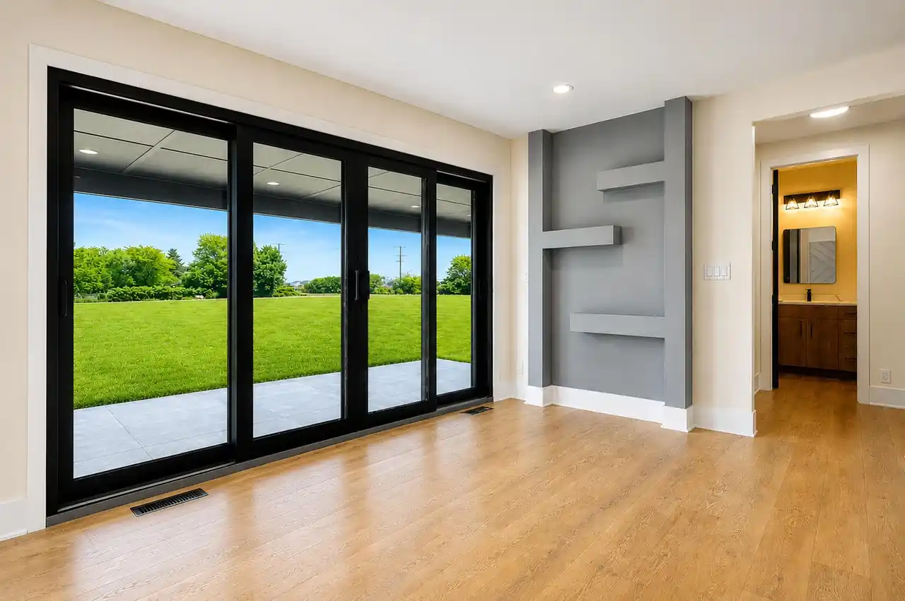 Black-framed sliding glass doors leading to the backyard patio and lawn, with wood flooring throughout.