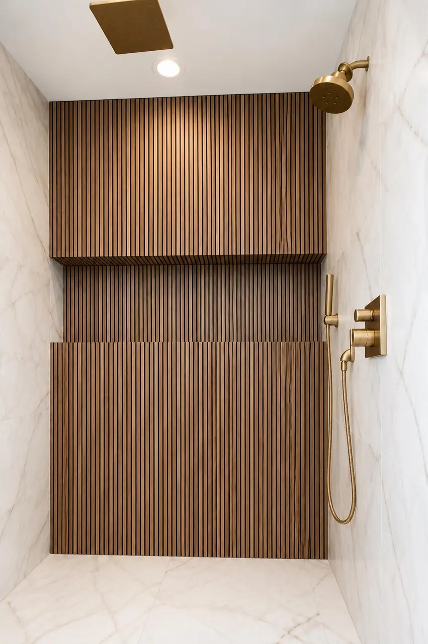 Close-up of the primary shower's wood slat accent wall with a brass rain shower head and handheld sprayer.