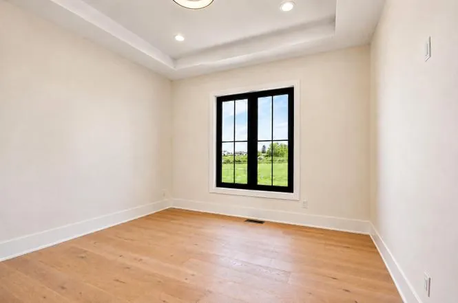 Empty secondary bedroom with a tray ceiling and a black-framed window facing the open field.