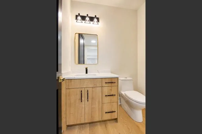 Powder room with a wood vanity, round mirror, and a black three-light sconce.