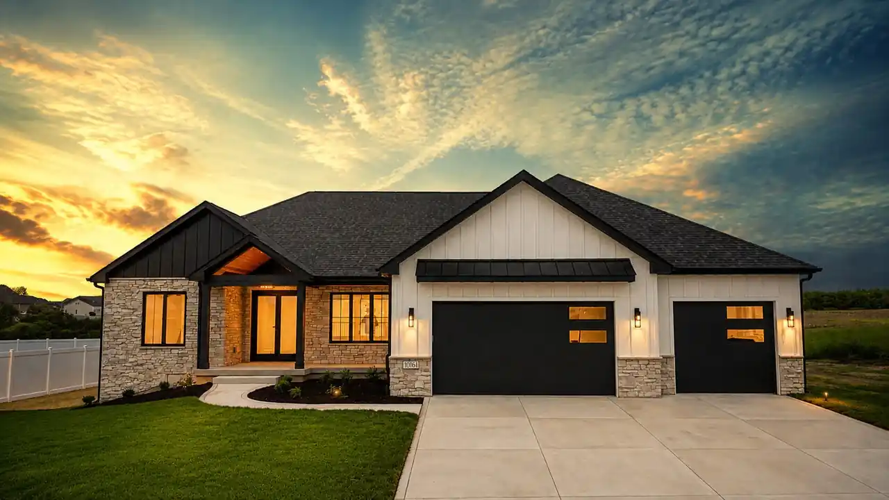 Twilight exterior of Springlake New Construction at 10161 Springlake Rd, Saint John, IN, under a dramatic sunset sky.