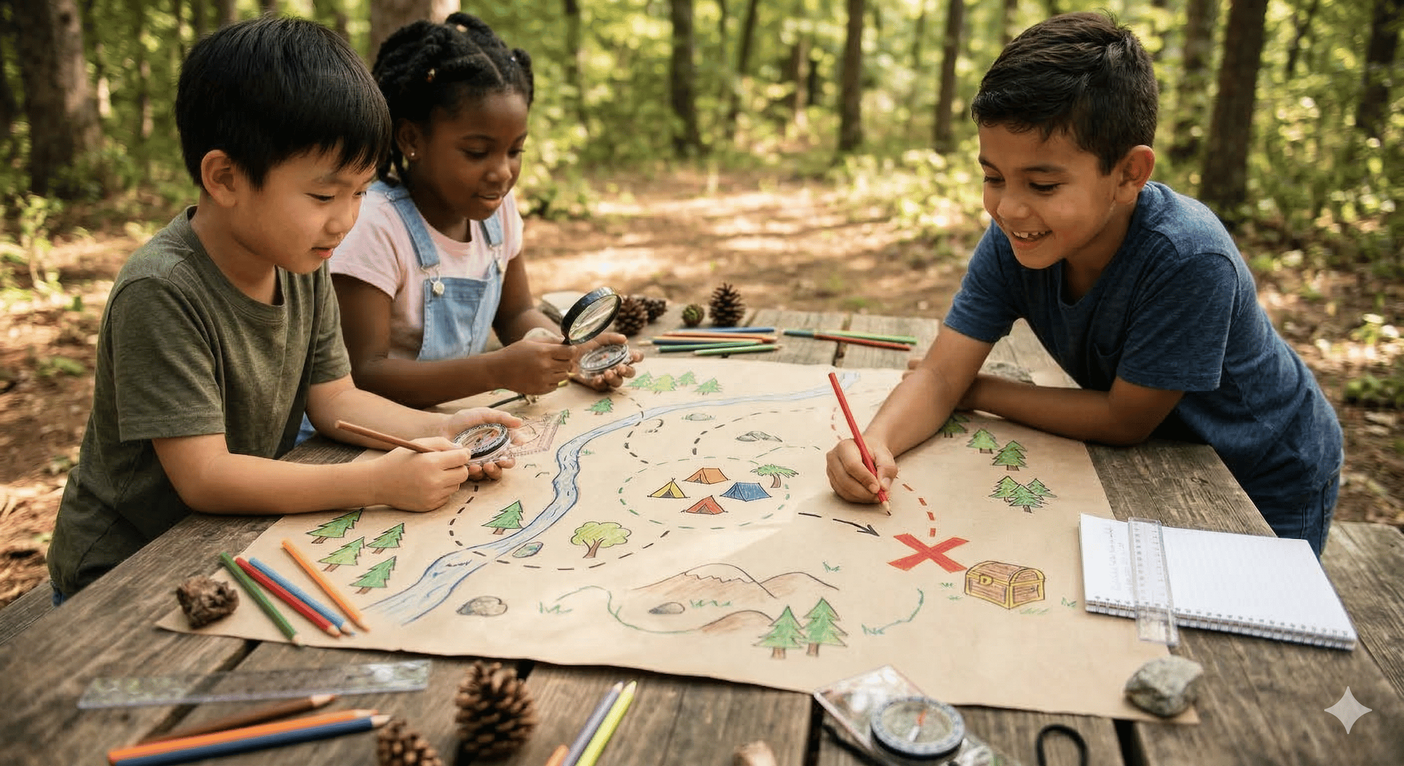 Three children outside at a wooden picnic table drawing and coloring a treasure map with trees, a river, tents, a treasure chest, and a red X mark.