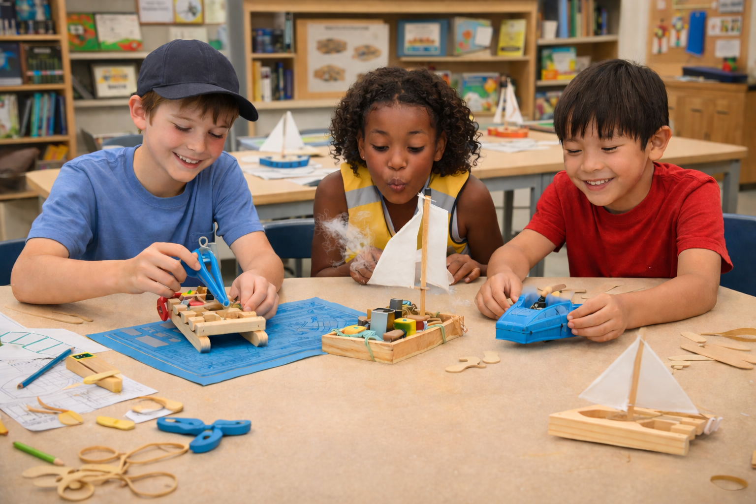 Three children in a classroom building and playing with small wooden craft boats on a table.