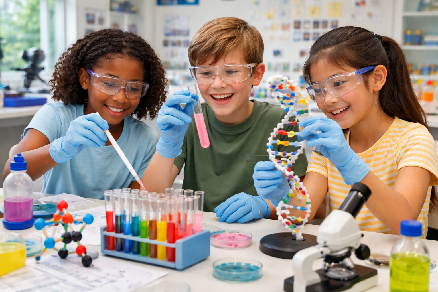 Three children wearing safety goggles and gloves conducting science experiments with colorful test tubes and a DNA model in a lab.