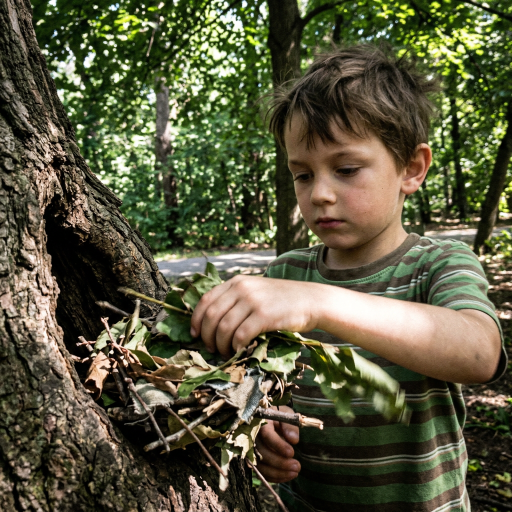 Young boy in a green striped shirt building a small pile of leaves and sticks on a tree trunk outdoors.