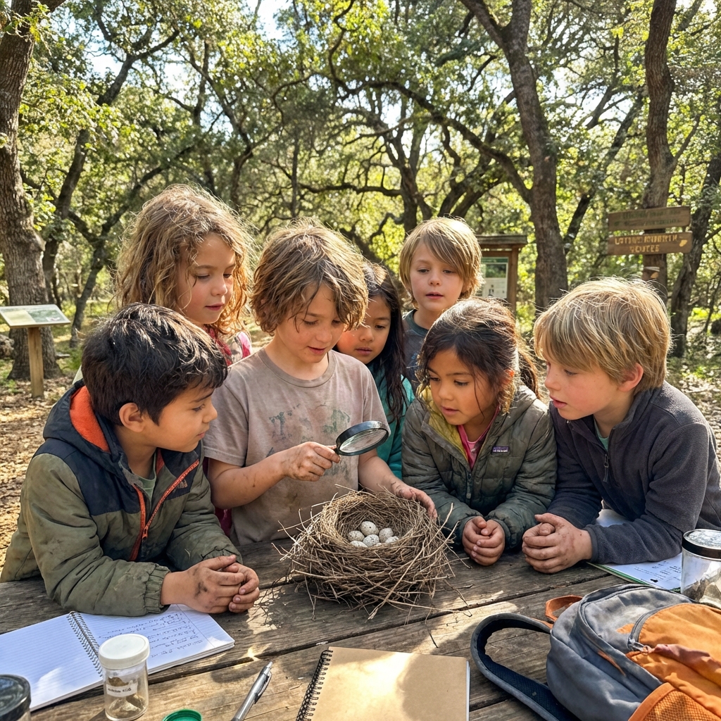 A group of six children outdoors examining a bird's nest with speckled eggs on a wooden table using a magnifying glass.