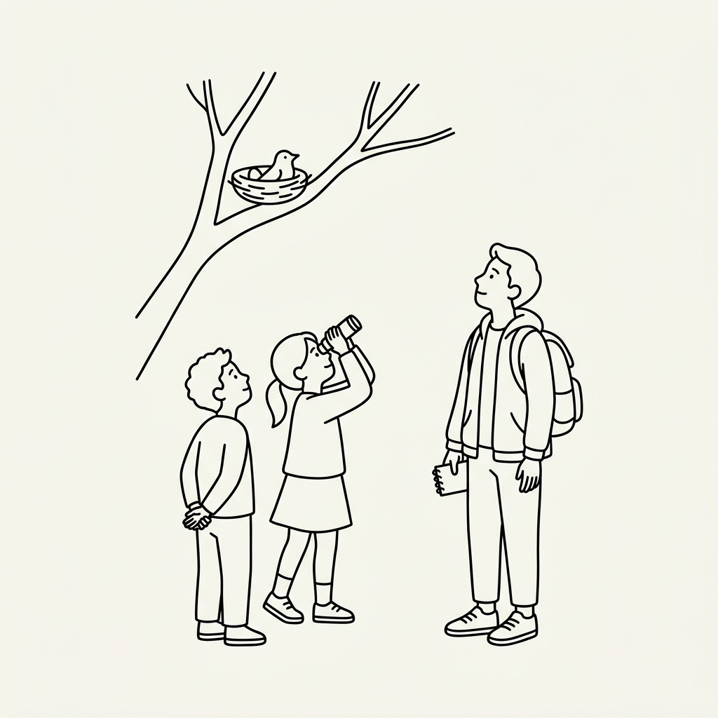 Two children observing a bird nest in a tree using binoculars, accompanied by an adult with a backpack and notebook.