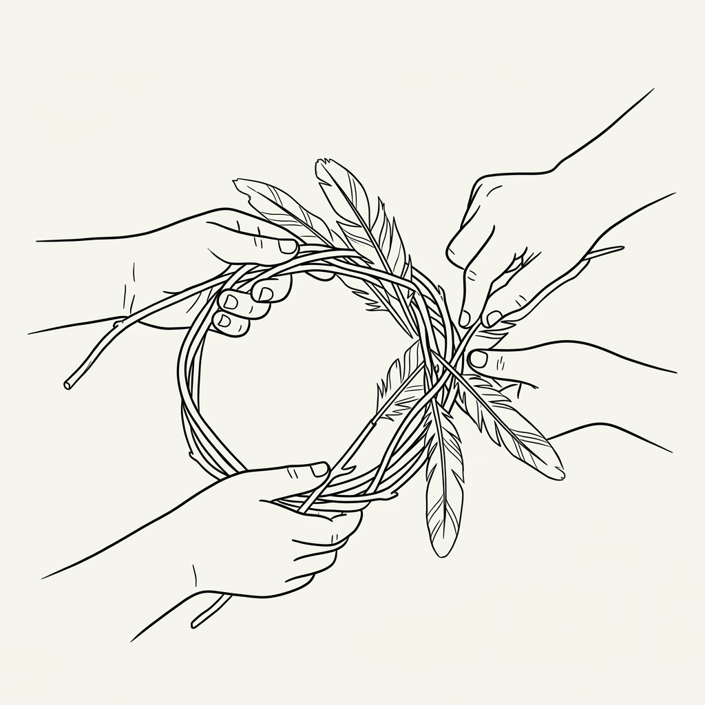 Line drawing of two pairs of hands weaving a circular wreath with feathers and twigs.