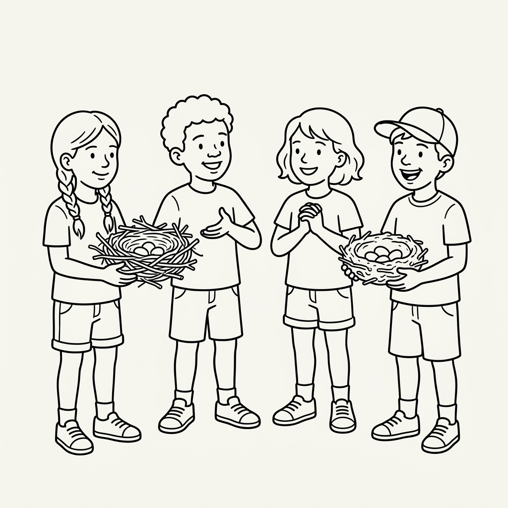 Line drawing of four children smiling; two girls and two boys, each holding bird nests with eggs.