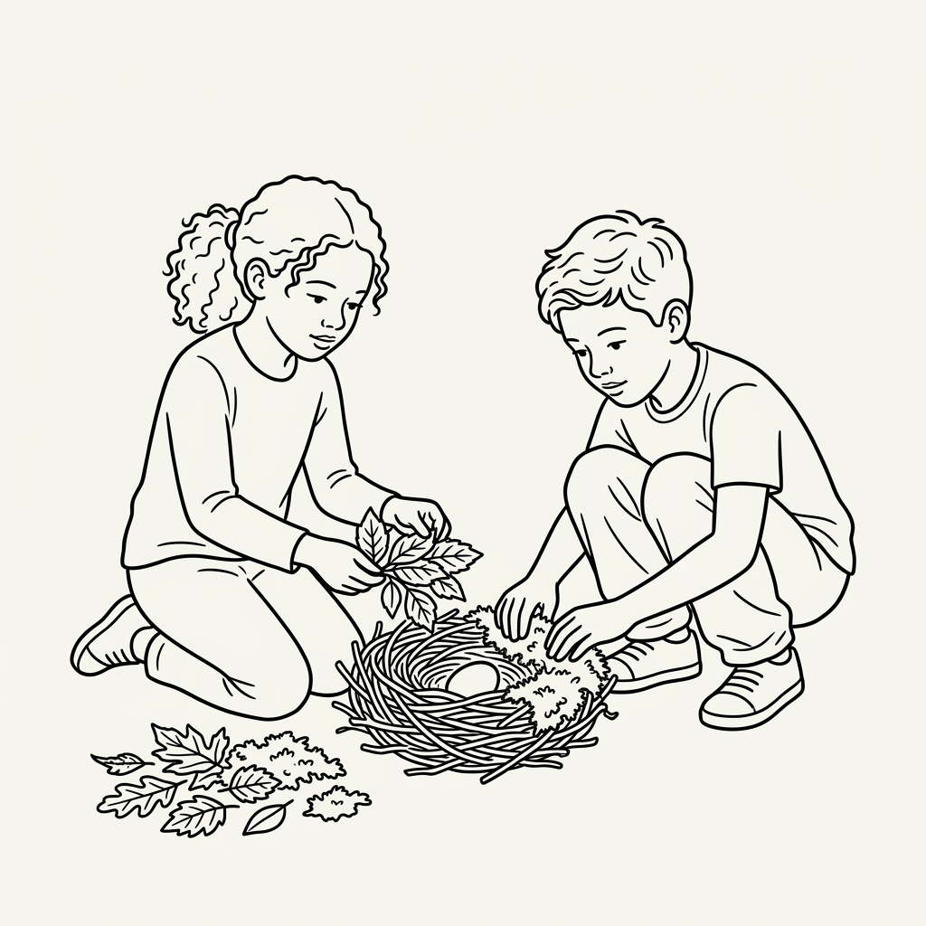 Line drawing of a girl and boy crouching and kneeling, arranging leaves and moss around an egg in a bird's nest.