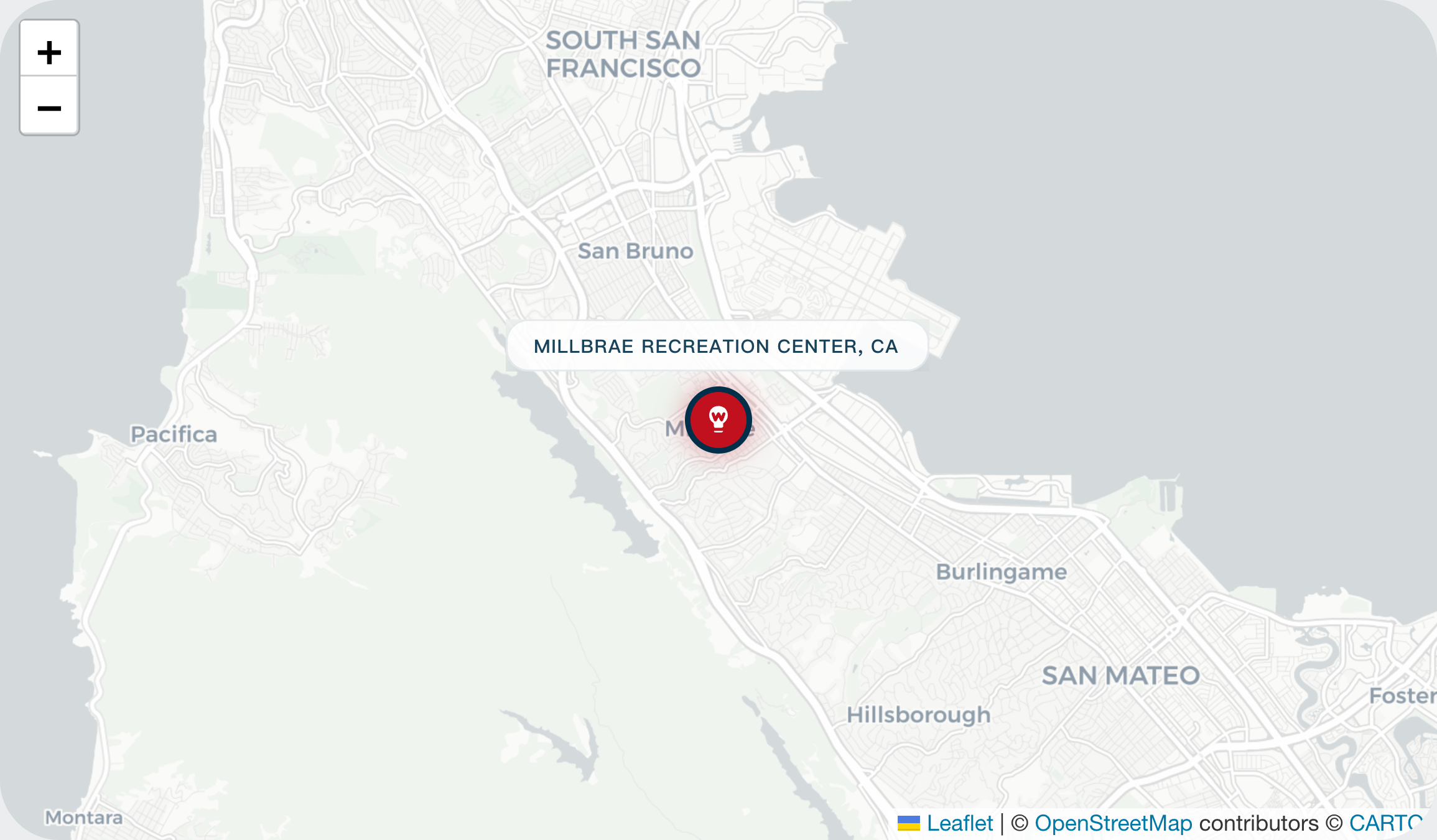 Map showing Millbrae Recreation Center, CA marked with a red location pin near South San Francisco, Pacifica, Burlingame, and San Mateo.