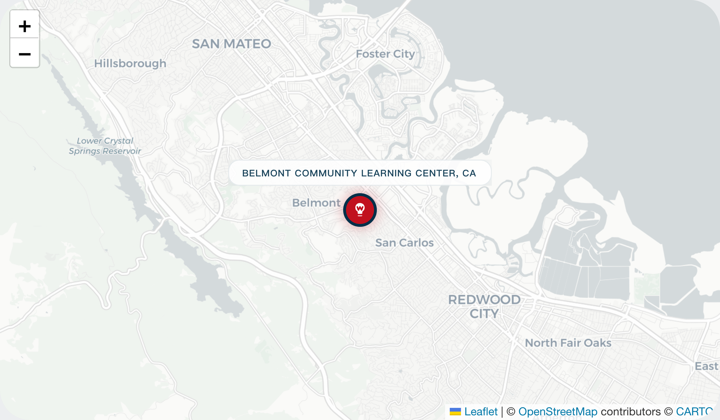Map showing Belmont Community Learning Center location marked with a red icon between Belmont and San Carlos in San Mateo County, California.