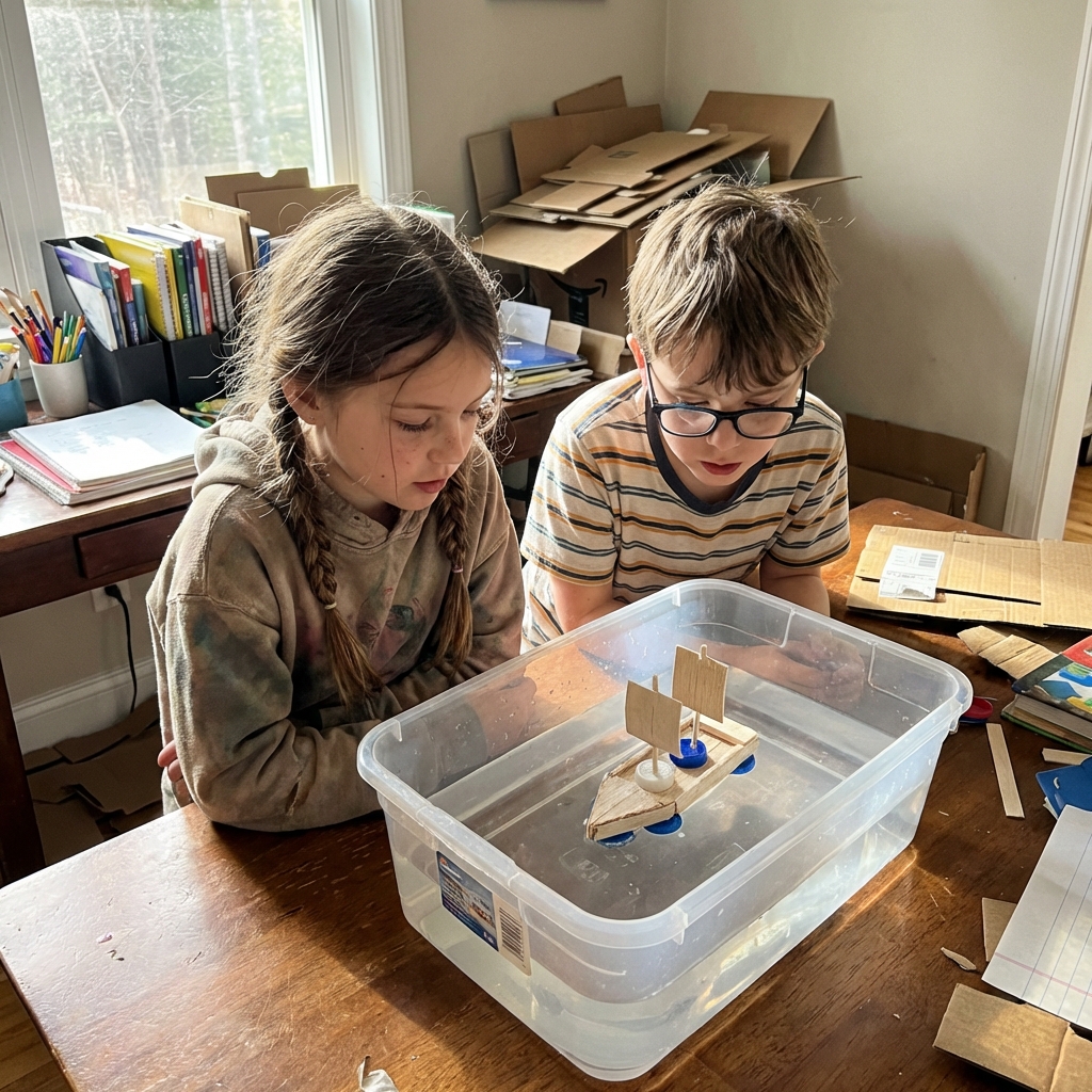 Two children closely observing a small wooden sailboat floating in a clear plastic tub filled with water on a wooden table.