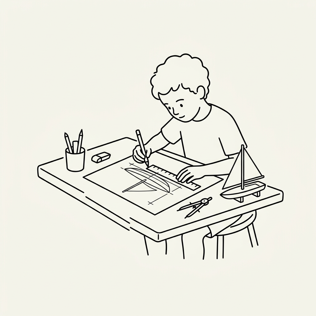 Young boy drawing a sailboat design on paper using a ruler at a desk with drawing tools and a model sailboat.