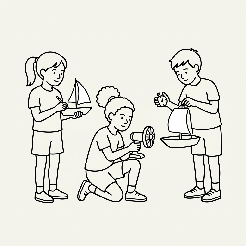Three children playing with model sailboats, one holding a stopwatch, another holding a fan, and the third adjusting a sail.