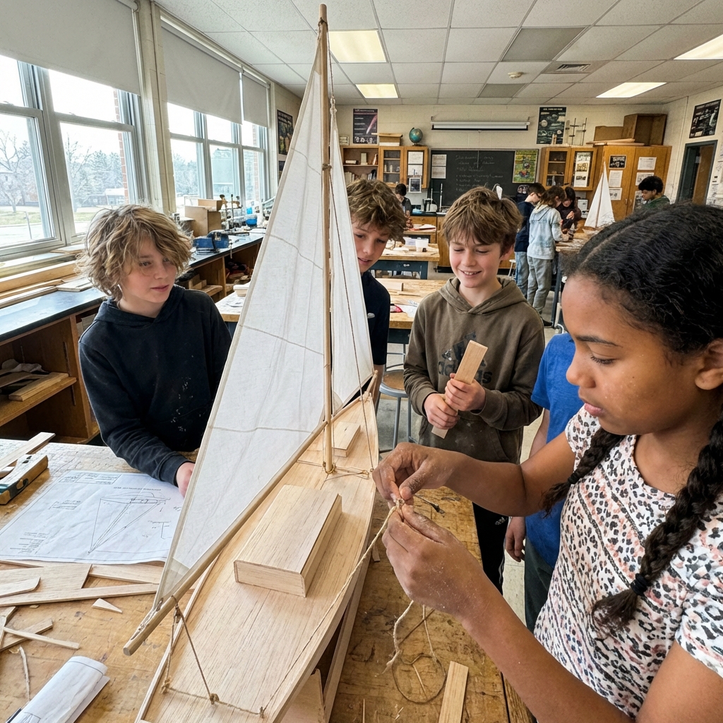 A group of children in a classroom building a wooden model sailboat with white sails and tying ropes.