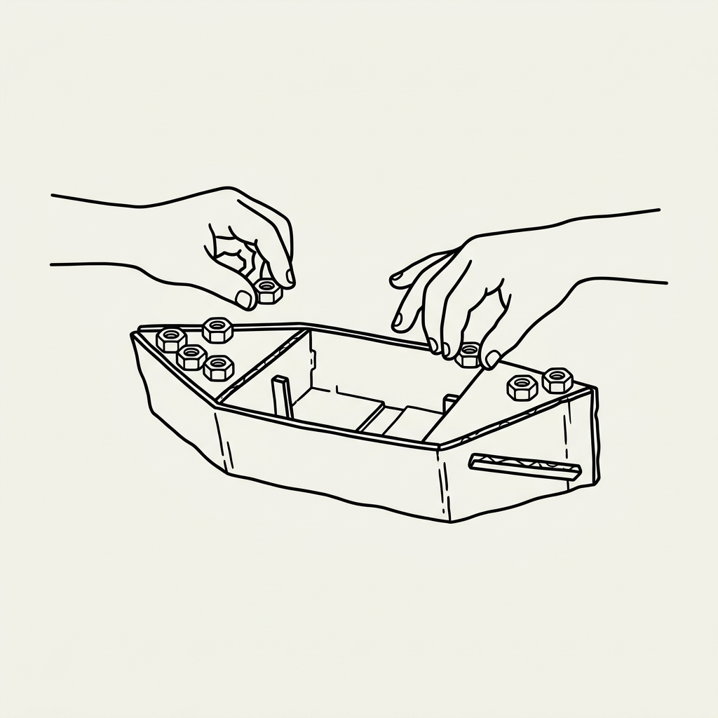 Two hands assembling a small boat model using hex nuts around its edges.