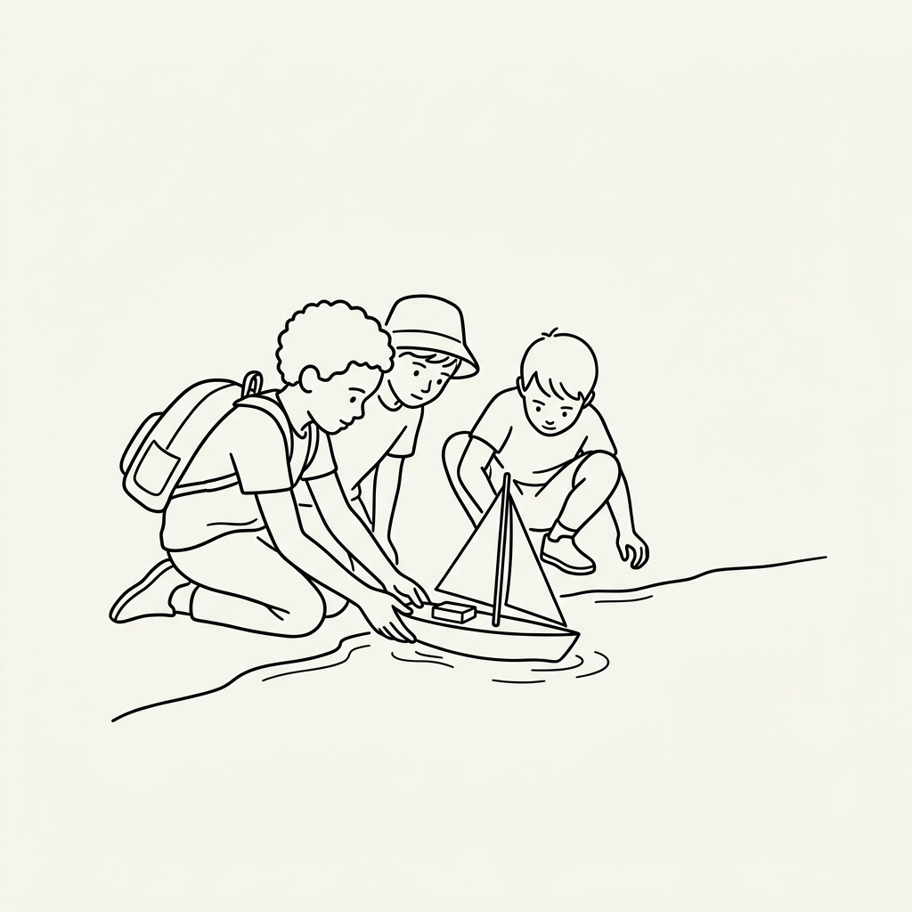 Line drawing of three children kneeling by water, launching a toy sailboat together.