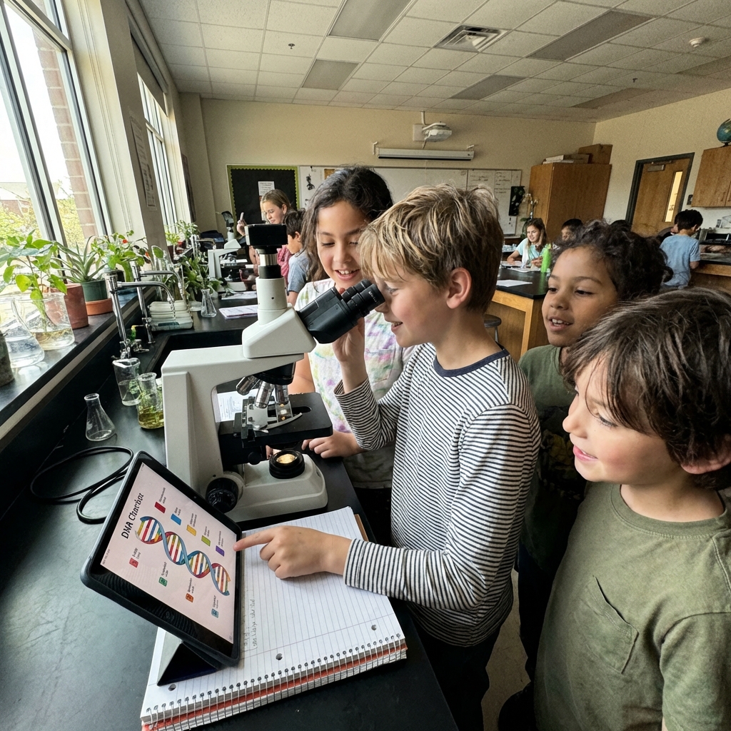 Four children in a science classroom examining a microscope and a tablet displaying a DNA chart, with plants on the windowsill and other students working in the background.