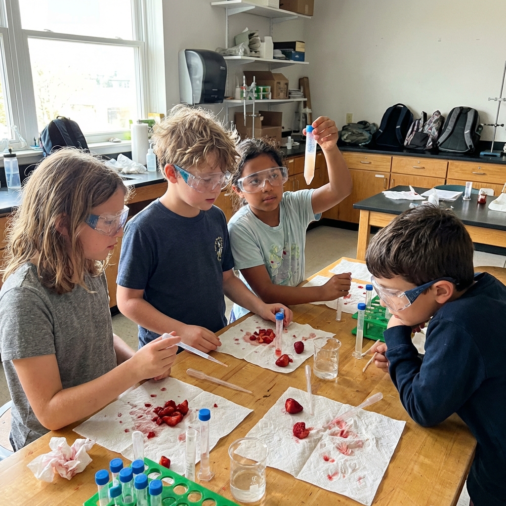 Four children wearing safety goggles conducting a science experiment with strawberries and test tubes in a classroom.