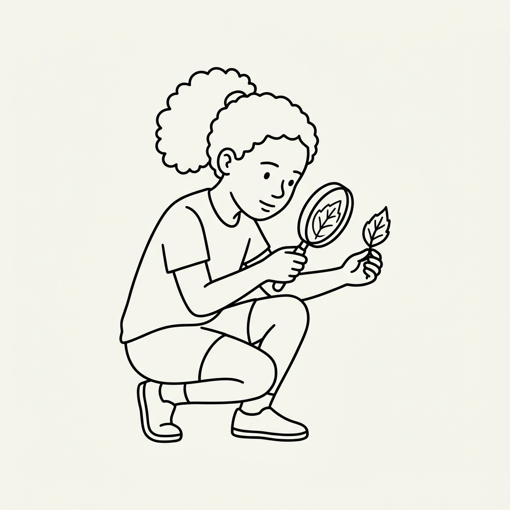 Line drawing of a girl with curly hair examining a leaf with a magnifying glass while crouching.