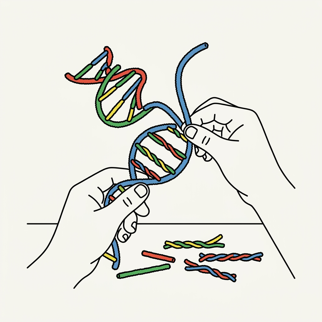 Illustration of two hands assembling a colorful DNA double helix model with scattered strands on a surface.